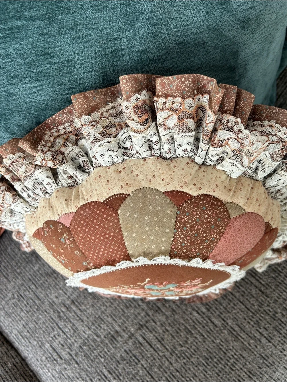Decor Round Floral Quilted/lace Pillow - Rust/Pink/Cream - Butterfly/flowers